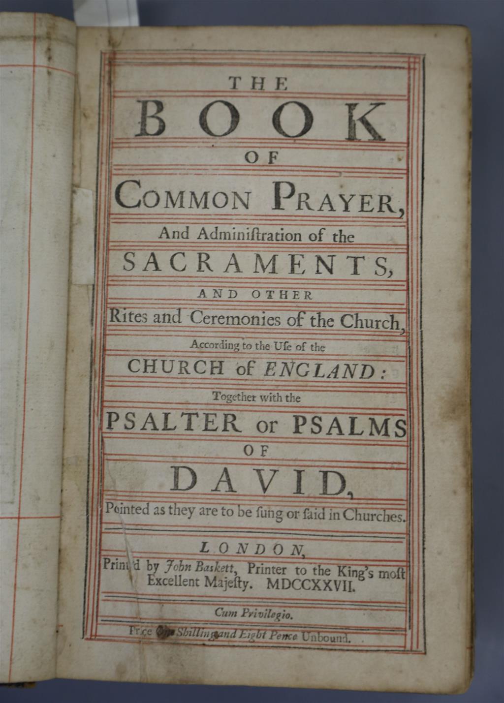 The Book of Common Prayer, 3 works in 1 vol, 8vo, contemporary calf, with portrait frontis and 53 plates, John Basket, London, 1727,